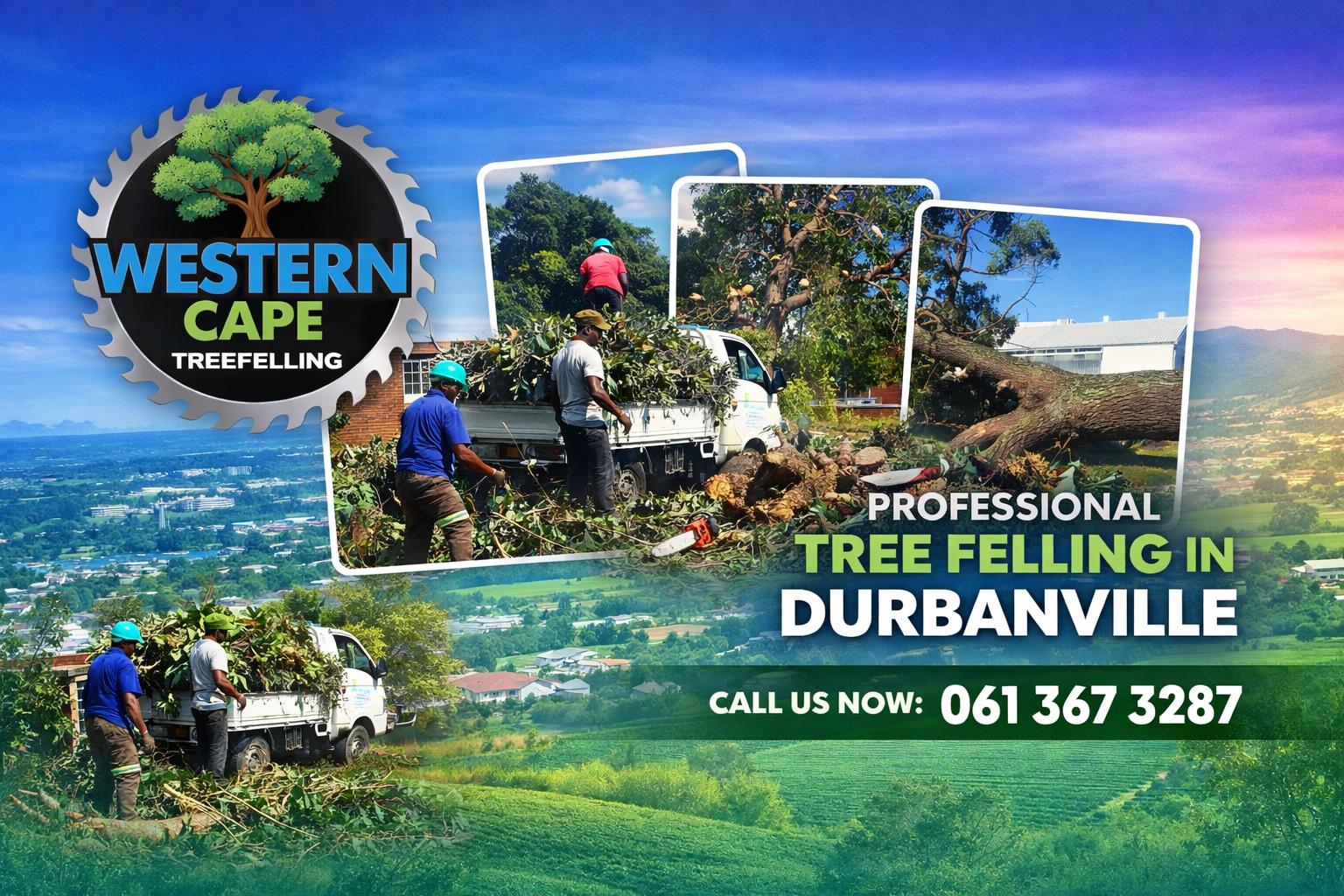 Professional Tree Felling Insights for Durbanville Homeowners Western Cape Treefelling team performing safe tree removal and cleanup in Durbanville with trucks and chainsaws under blue‑green gradient background.