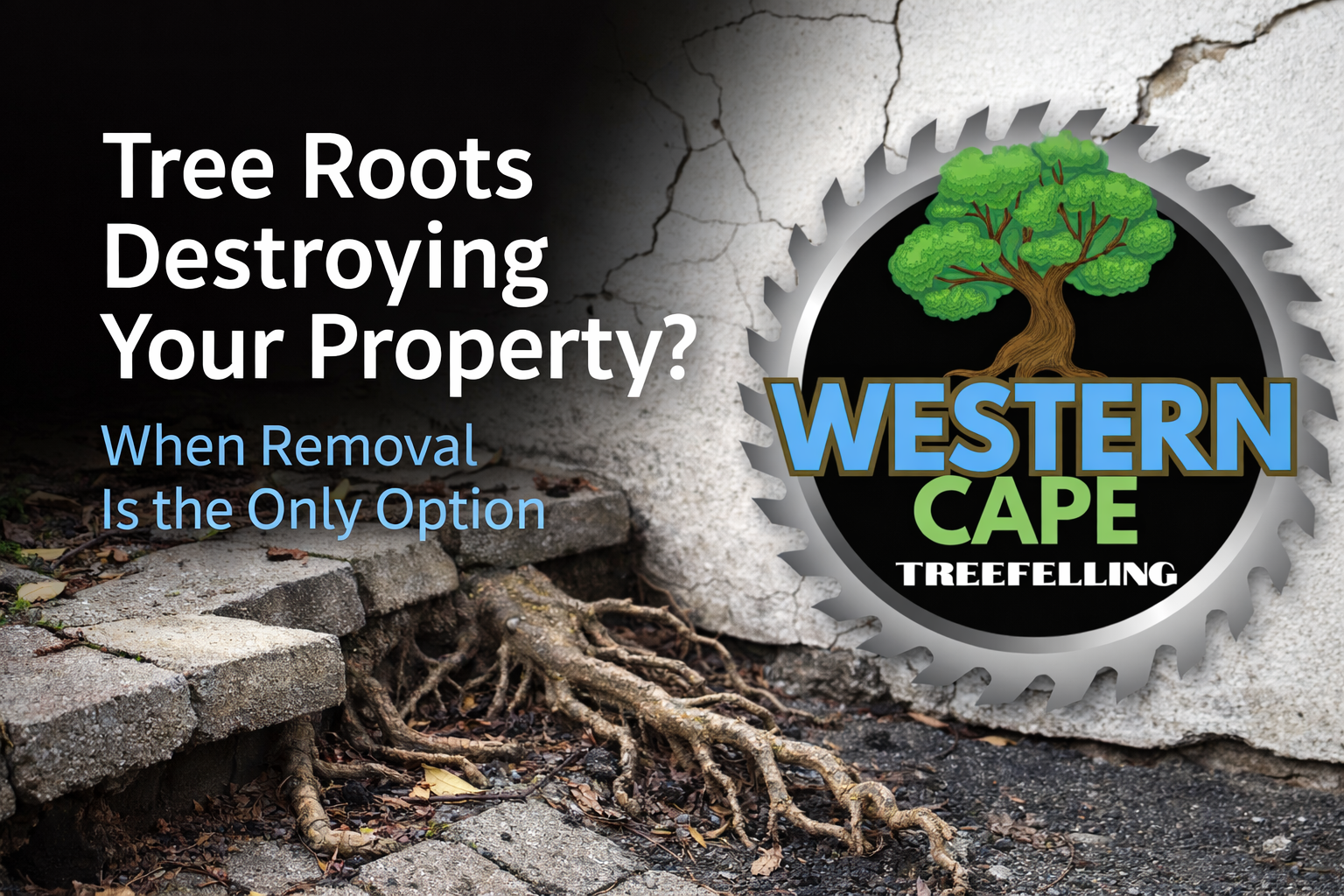 Tree Roots Destroying Your Property – Western Cape Treefelling Tree roots lifting cracked pavement beside a wall with Western Cape Treefelling logo