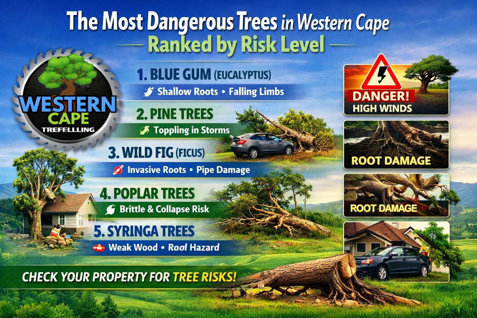 A modern landscape poster by Western Cape Treefelling highlighting the most dangerous trees in the Western Cape. It ranks Blue Gum, Pine, Wild Fig, Poplar, and Syringa by risk level, showing hazards such as falling branches, root damage, and storm collapse. Includes the company logo and a call to check properties for tree risks. Western Cape Treefelling infographic showing the five most dangerous tree species in the Western Cape — Blue Gum, Pine, Wild Fig, Poplar, and Syringa — ranked by risk level with visuals of fallen trees, root damage, and storm hazards.